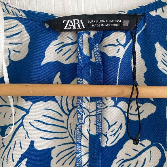 Zara - Blue & White Floral Midi Dress with Slit - Picture 9 of 11